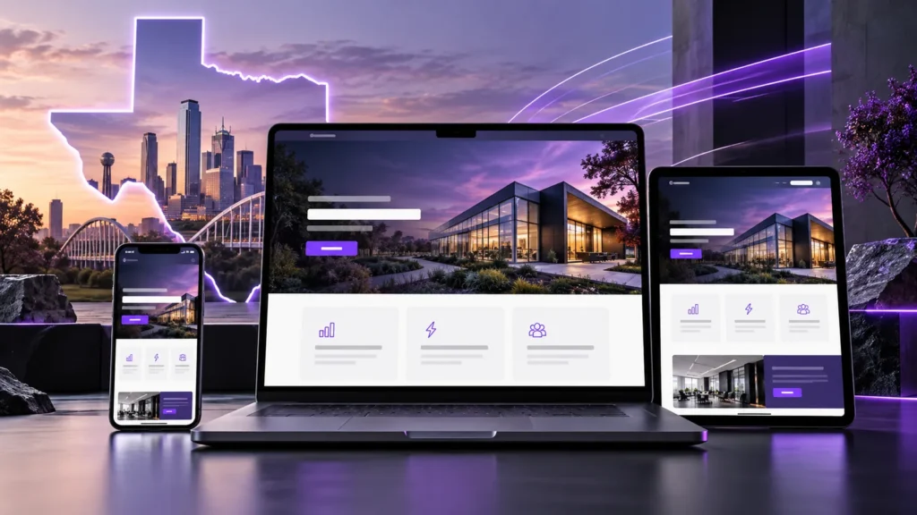 Responsive website design for a Texas business shown on laptop, tablet and phone