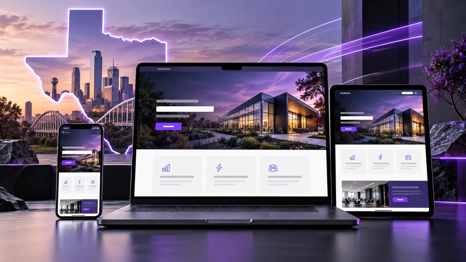 Responsive website design for a Texas business shown on laptop, tablet and phone